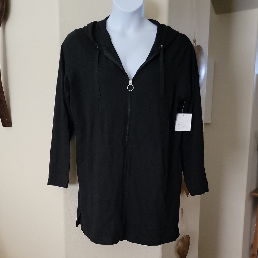 CROFT & BARROW Longline Lightweight Zip Hoodie Sweatshirt Black Size XXL NWT